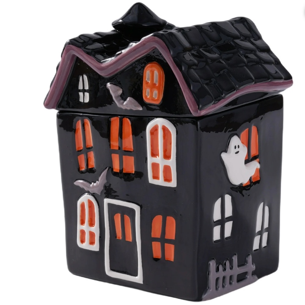 Halloween Haunted House Treat Jar Halloween Ceramic Decor Black Cookie Jar OPT